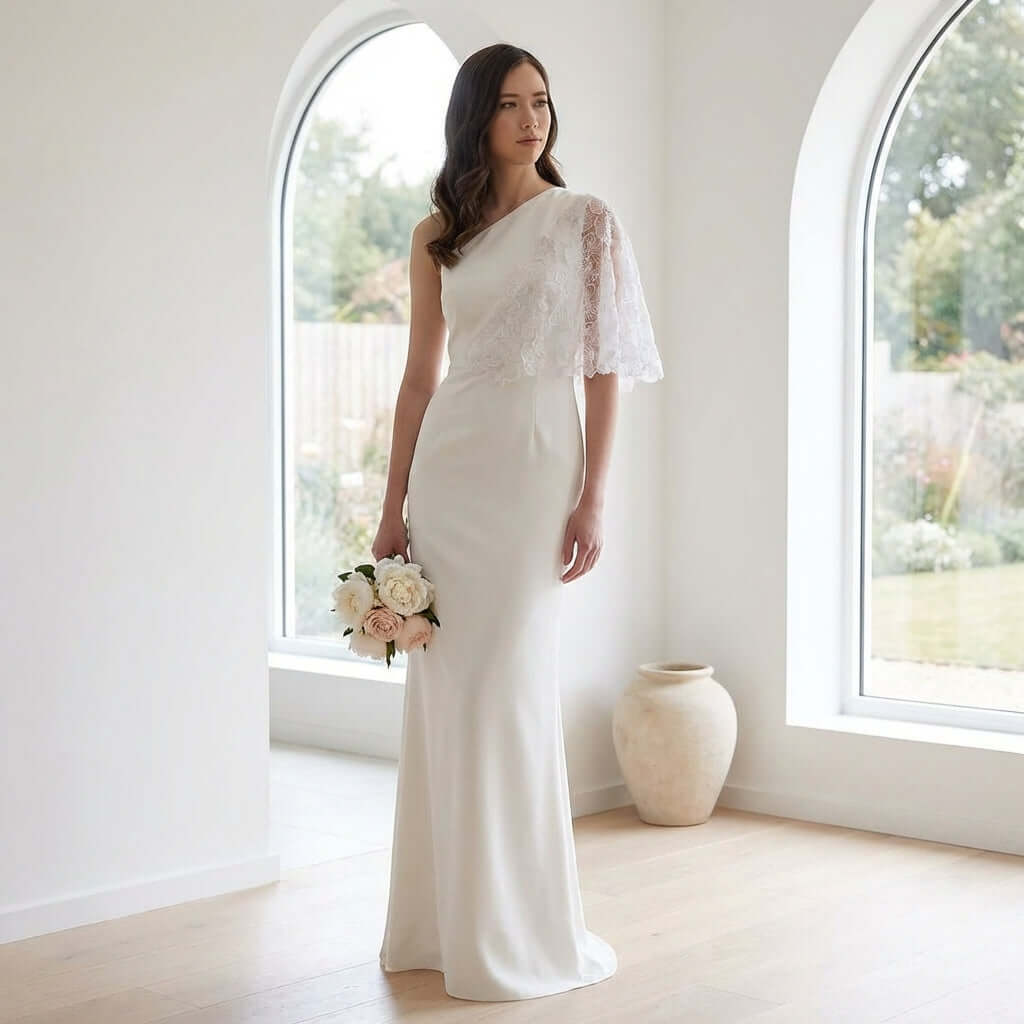 An elegant rear view of the Gilia Wedding Dress Long Length by Eve Couture showing the invisible zip feature and exquisite design details. A luxurious choice for brides to be seeking a couture bridal collection that ensures a perfect fit.