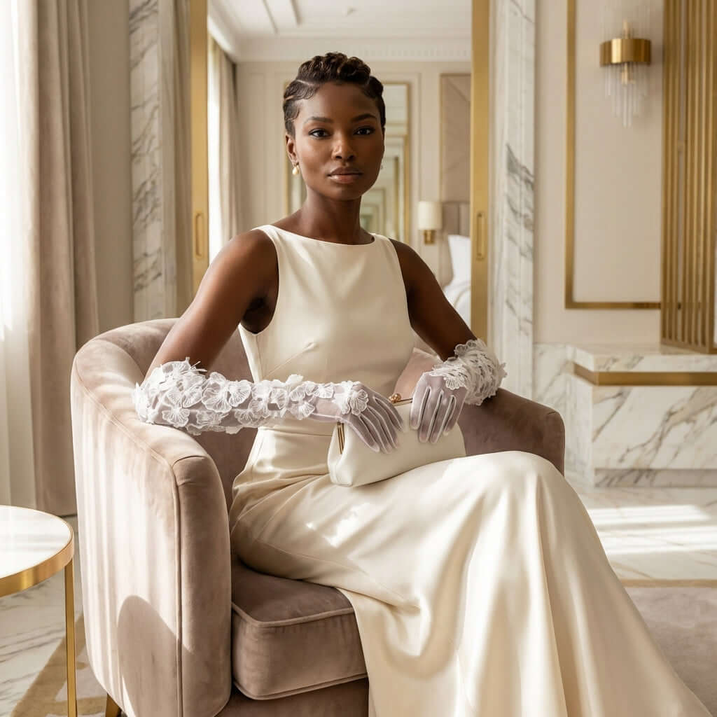 Chic Myriss Bridal Gloves from Eve Couture, featuring custom couture touch for the modern bride. Embrace the luxury look and red carpet appeal with these hand made gloves, a staple of fine fashion design.