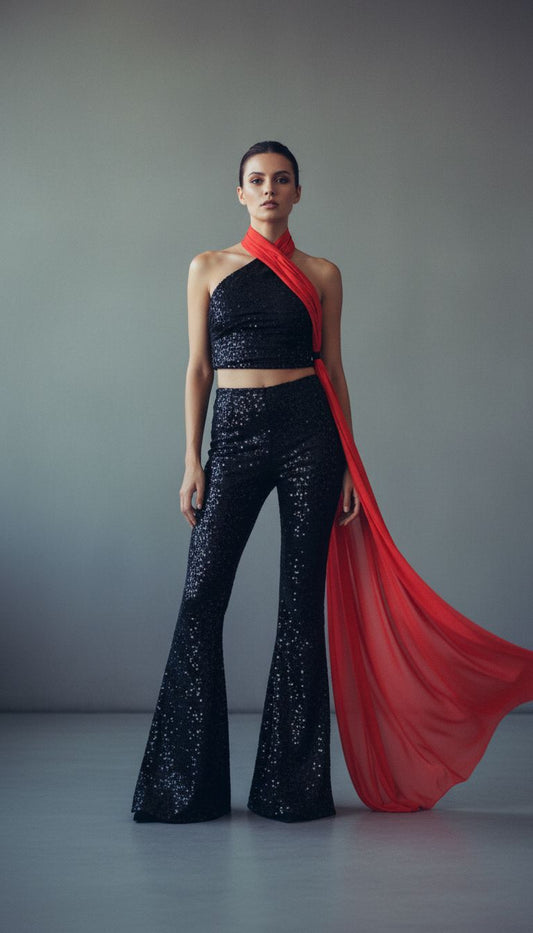 Ammeline Black Sequined Top with Red Coral Silk Scarf - Made to Order