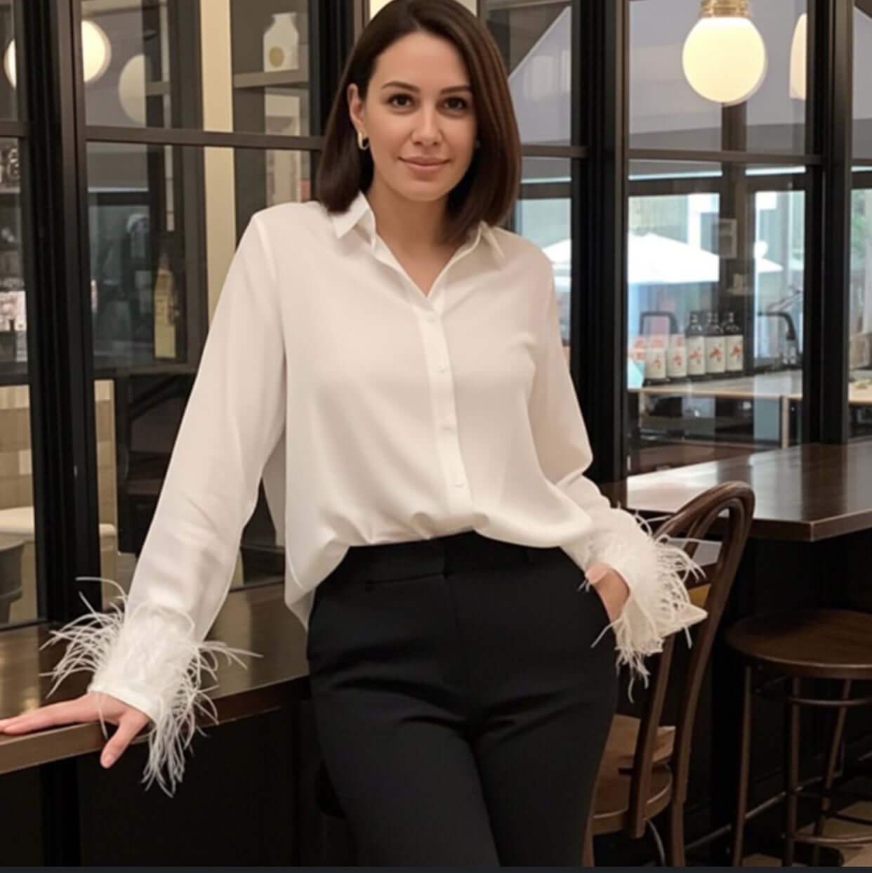 The Emery White Evening Shirt With Feathers by Eve Couture is elegantly portrayed on a lovely woman in a stylish café setting. This silk shirt with feather cuffs combines luxury and fashion, making it an excellent addition to any artist outfit or formal wear. Perfectly suited for wedding guest attire or a chic party outfit, this piece showcases the love for couture craftsmanship and British designer flair.