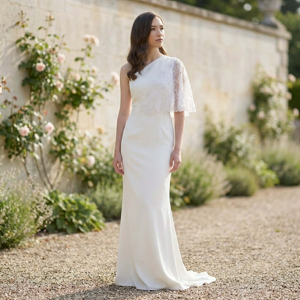 The Gilia Wedding Dress Long Length by Eve Couture showcases stunning embroidered sleeves, perfect for brides seeking a luxury wedding dress that highlights elegance and sophistication. Ideal for a bride-to-be looking for a couture bridal collection handcrafted in London.