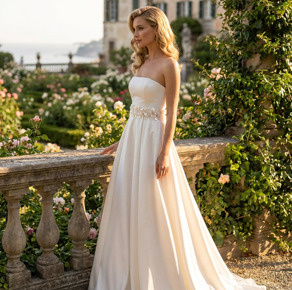Model wearing the Lysandra Wedding Dress: Long-Length with Sequined Belt by Eve Couture, perfectly demonstrating the stunning silhouette and comfortable fit of this made-to-order gown.