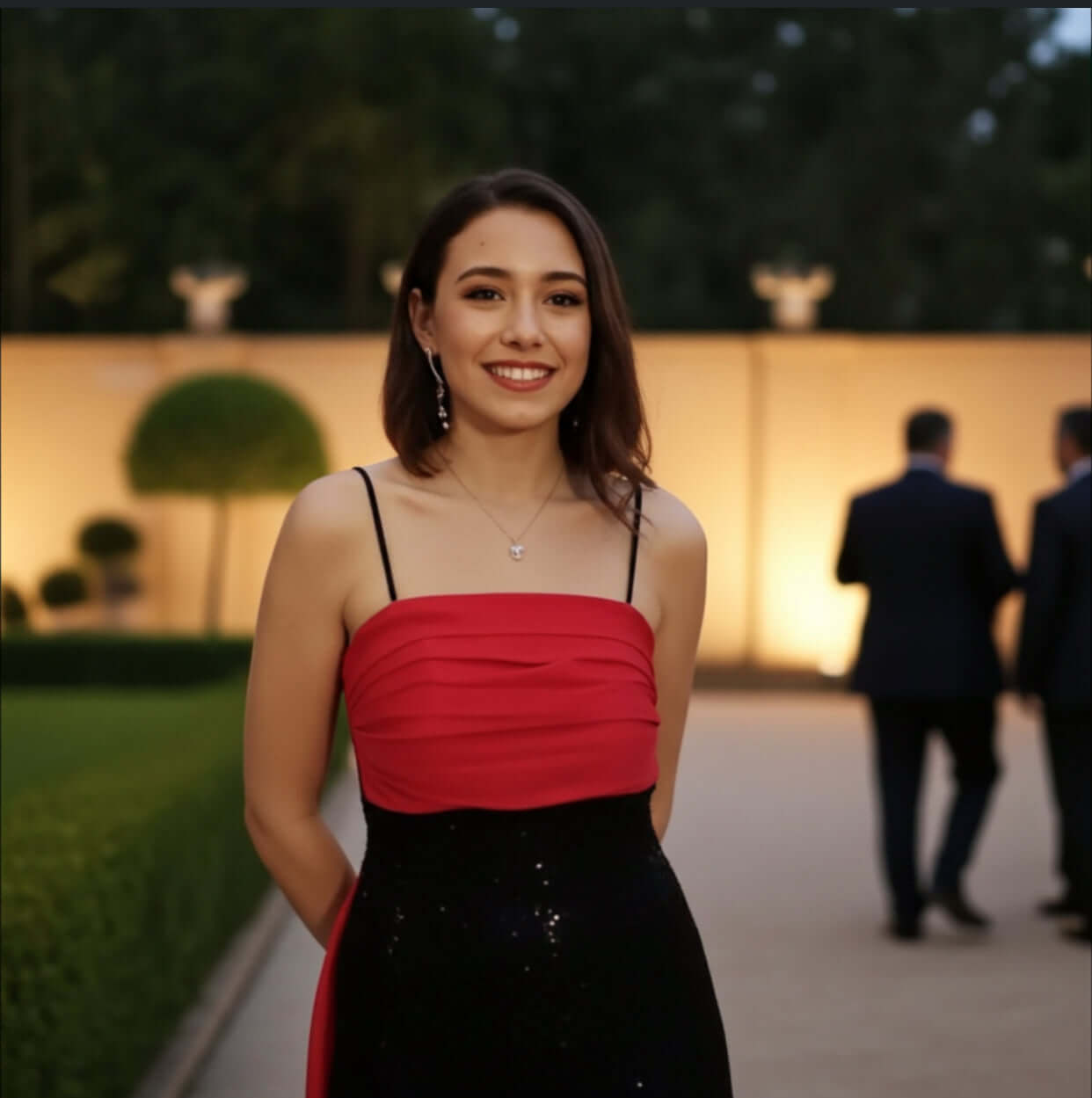 A beautifully styled woman in an Amarine Evening Gown by Eve Couture, showcasing the unique red silk organza panel, exuding both charm and sophistication in an elegant dress perfect for formal occasions.