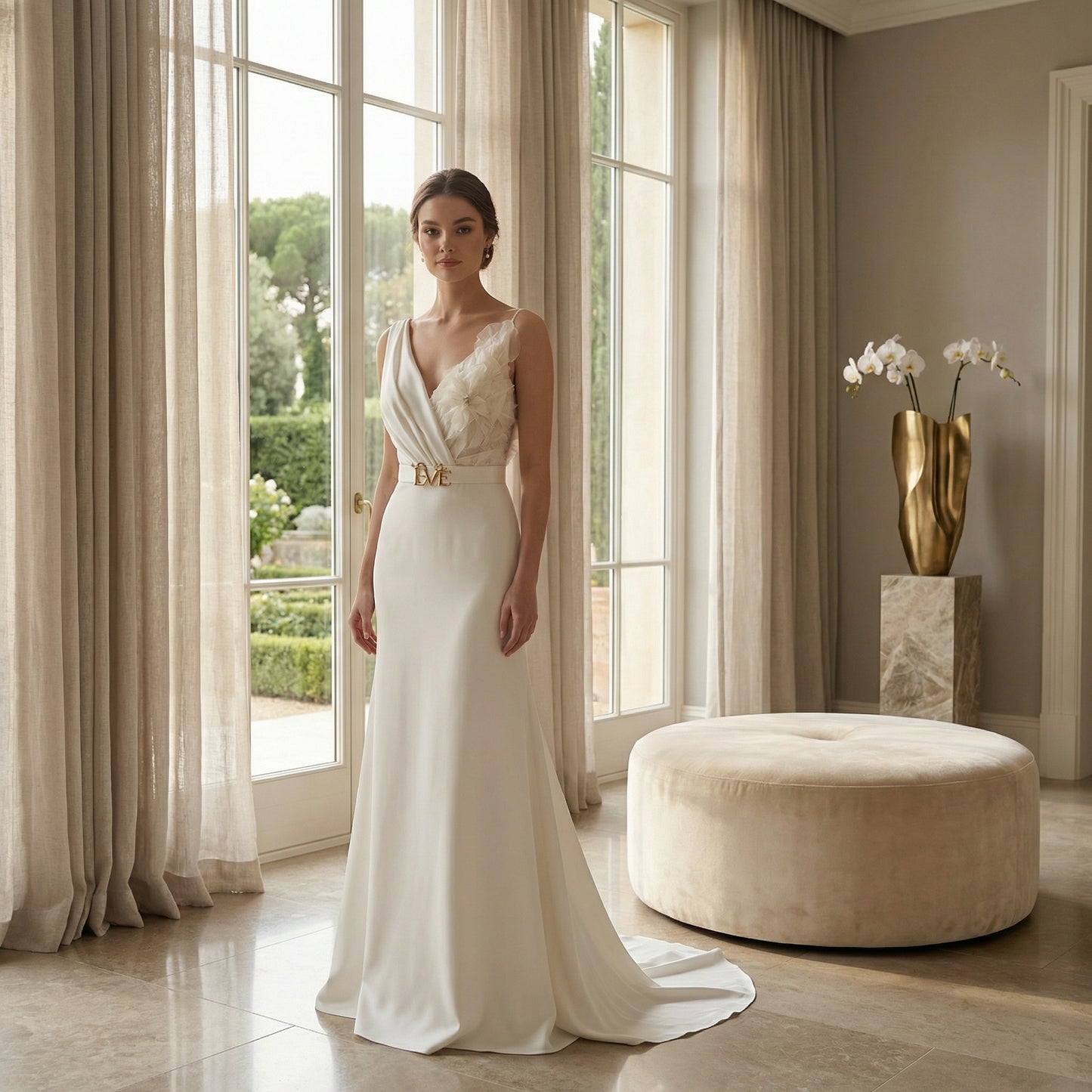 The luxurious cream white colour of the Aphrodite Wedding Dress, embodying the essence of couture craftsmanship from a leading British bridal designer.