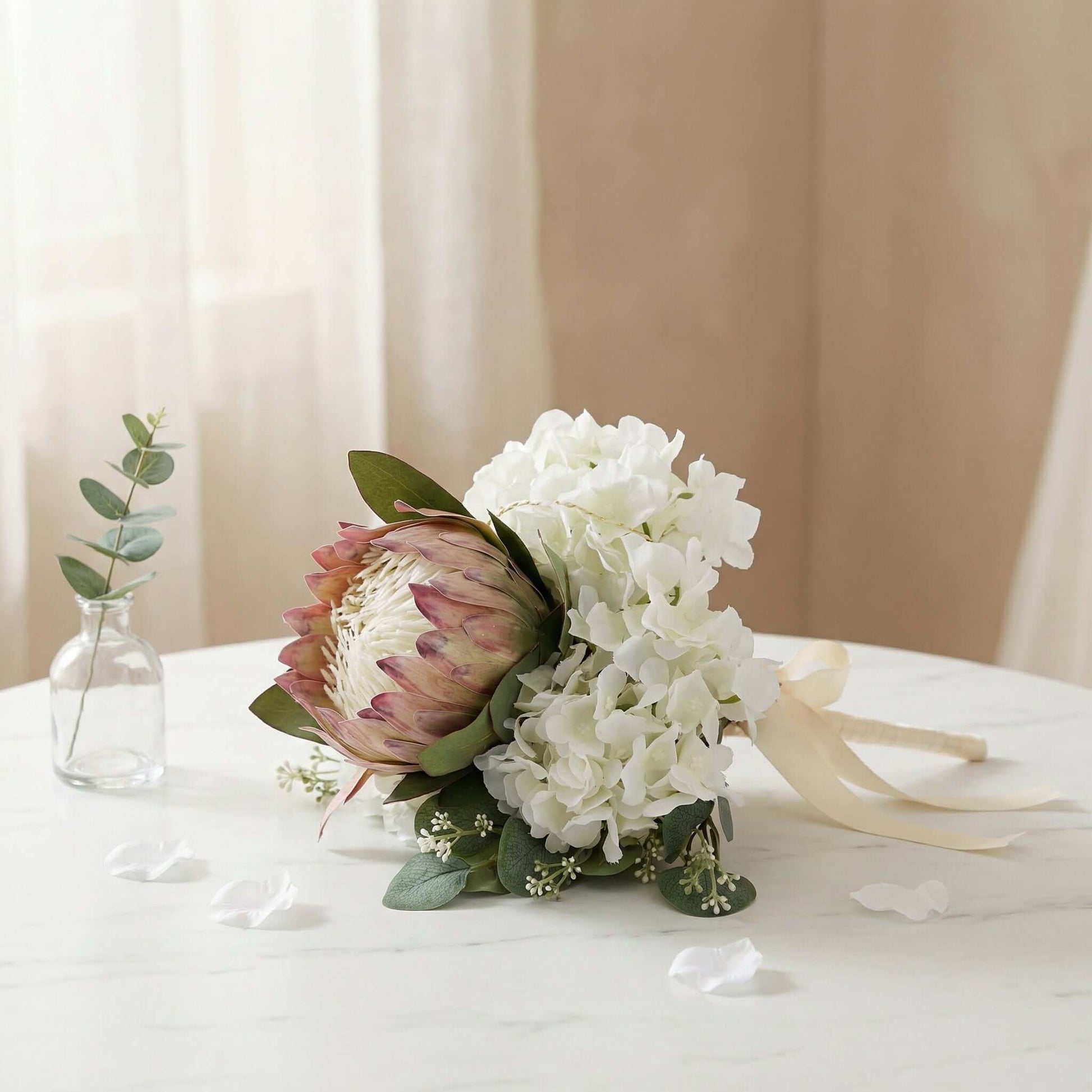 Elegant Myriss Bridal Silk Flowers Bouquet by Eve Couture featuring silk artificial flowers, beautiful silk hydrangea flowers, and eucalyptus, perfect for a luxurious wedding silk flowers bouquet.