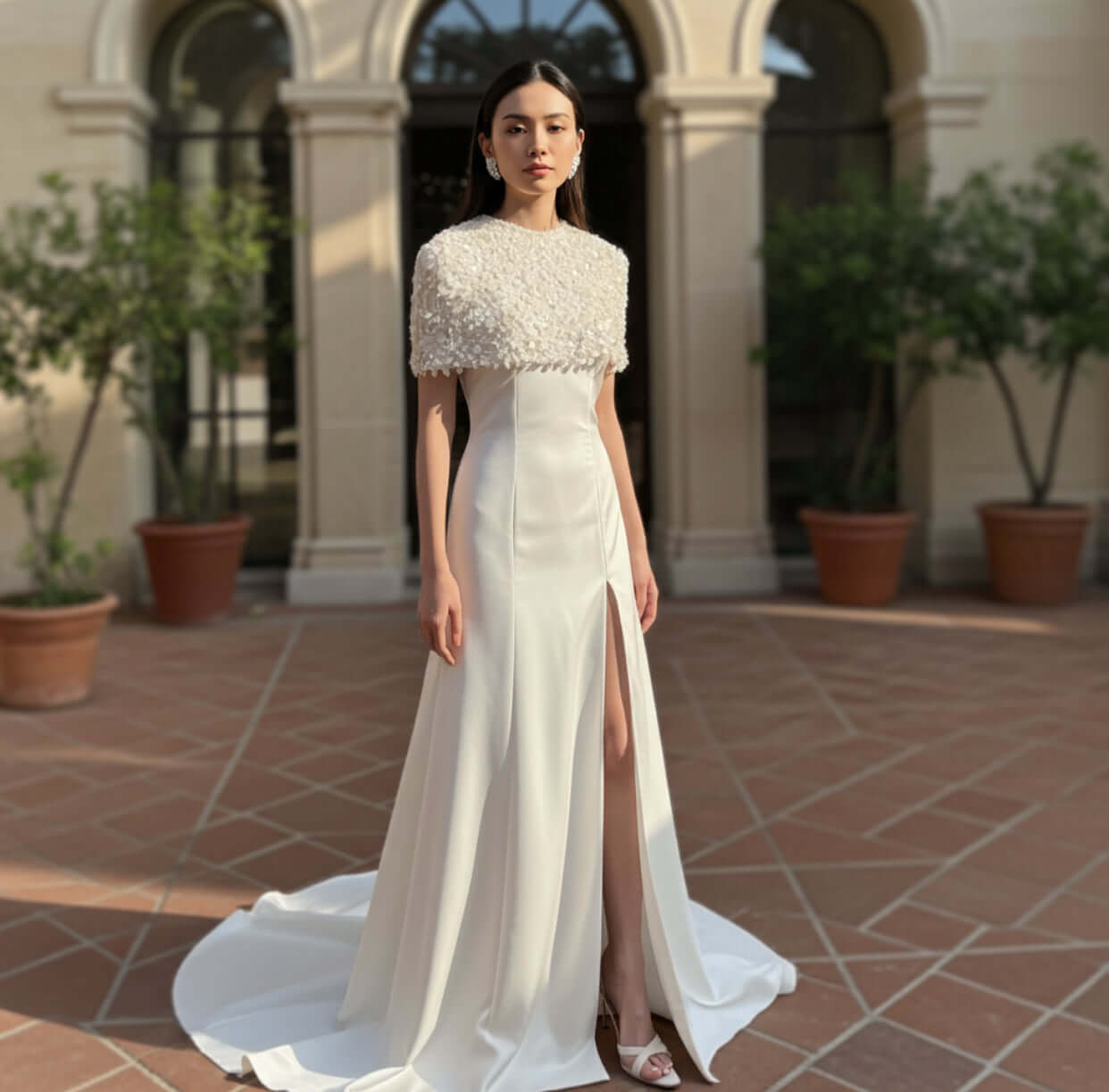 A sophisticated bride posing in the Daneriss Wedding Set with Sequined Cape by Eve Couture London. The incredibly detailed embellished bridal gown is paired with a dramatic sequined cape, offering a glimpse of the luxurious bridal couture collection. This custom bridal design is perfect for glamorous weddings and showcases the best of British bridal couture.