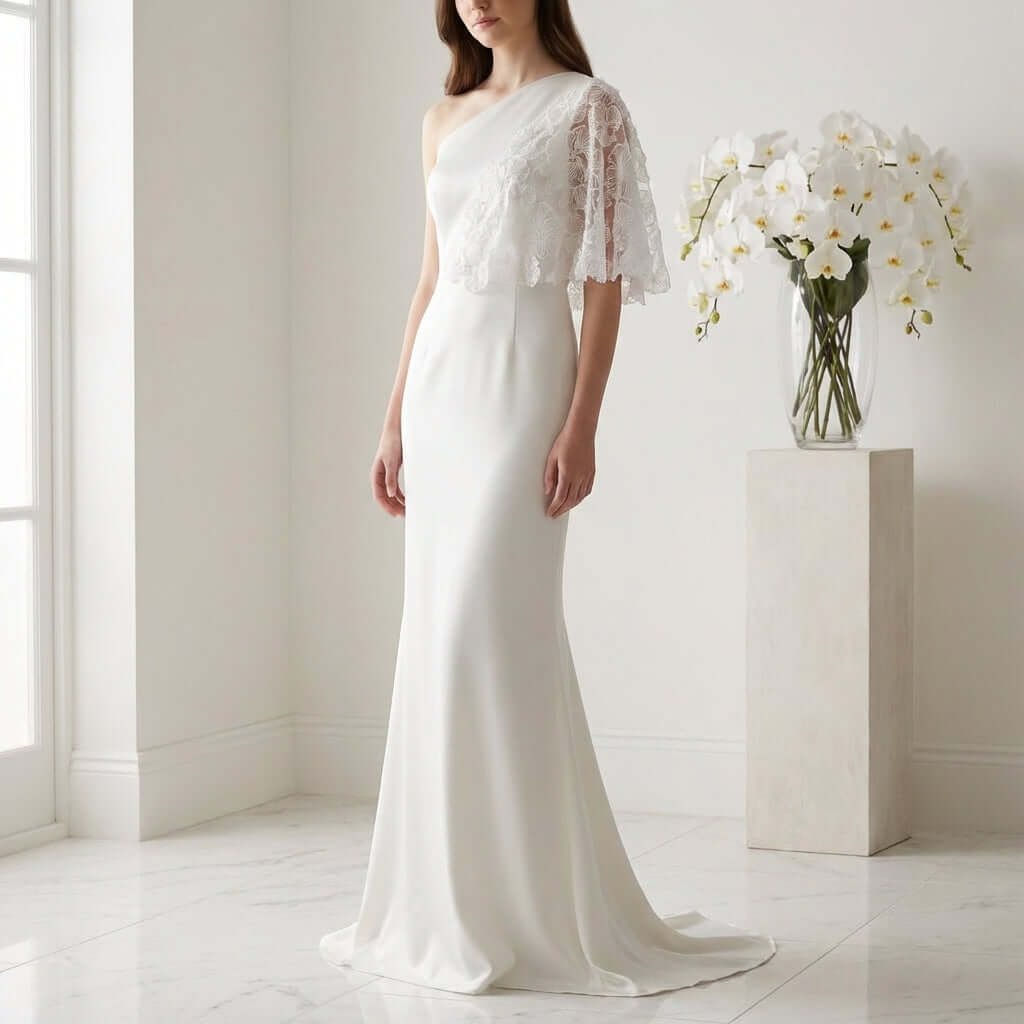 The Gilia Wedding Dress Long Length by Eve Couture elegantly displayed, highlighting its luxurious fabric and intricate detailing. This bridal gown is a dream for brides to be who want a couture wedding dress that embodies sophistication.