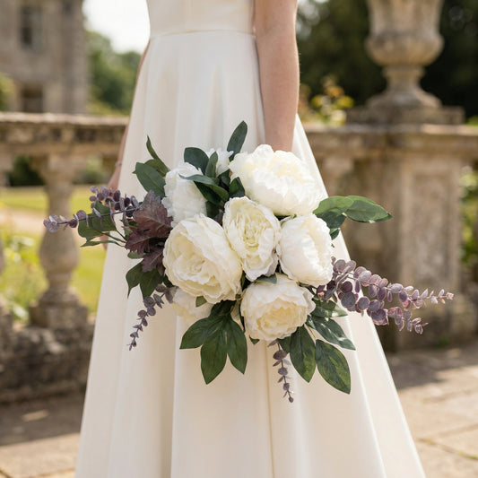 Exquisite Lysandra Bridal Silk Flowers Bouquet by Eve Couture London, a luxurious hand made in London bridal accessory showcasing silk flowers, ideal for brides seeking a bespoke bridal bouquet that embodies elegance and sophistication.