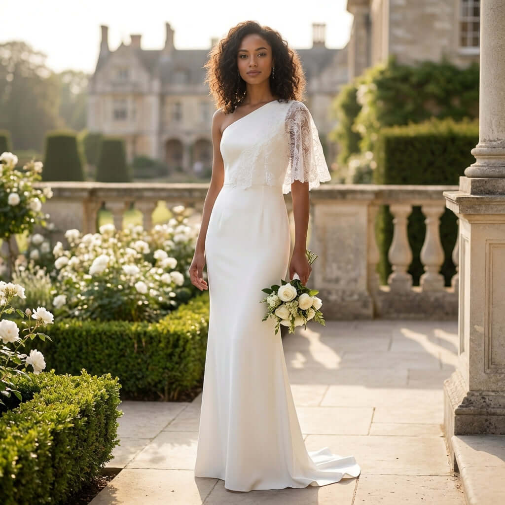 Full view of the elegant silhouette of the Gilia Wedding Dress Long Length by Eve Couture, highlighting its bodycon fit and mid-length pencil skirt. This luxury wedding dress is ideal for the modern bride seeking a bespoke look for her special day.