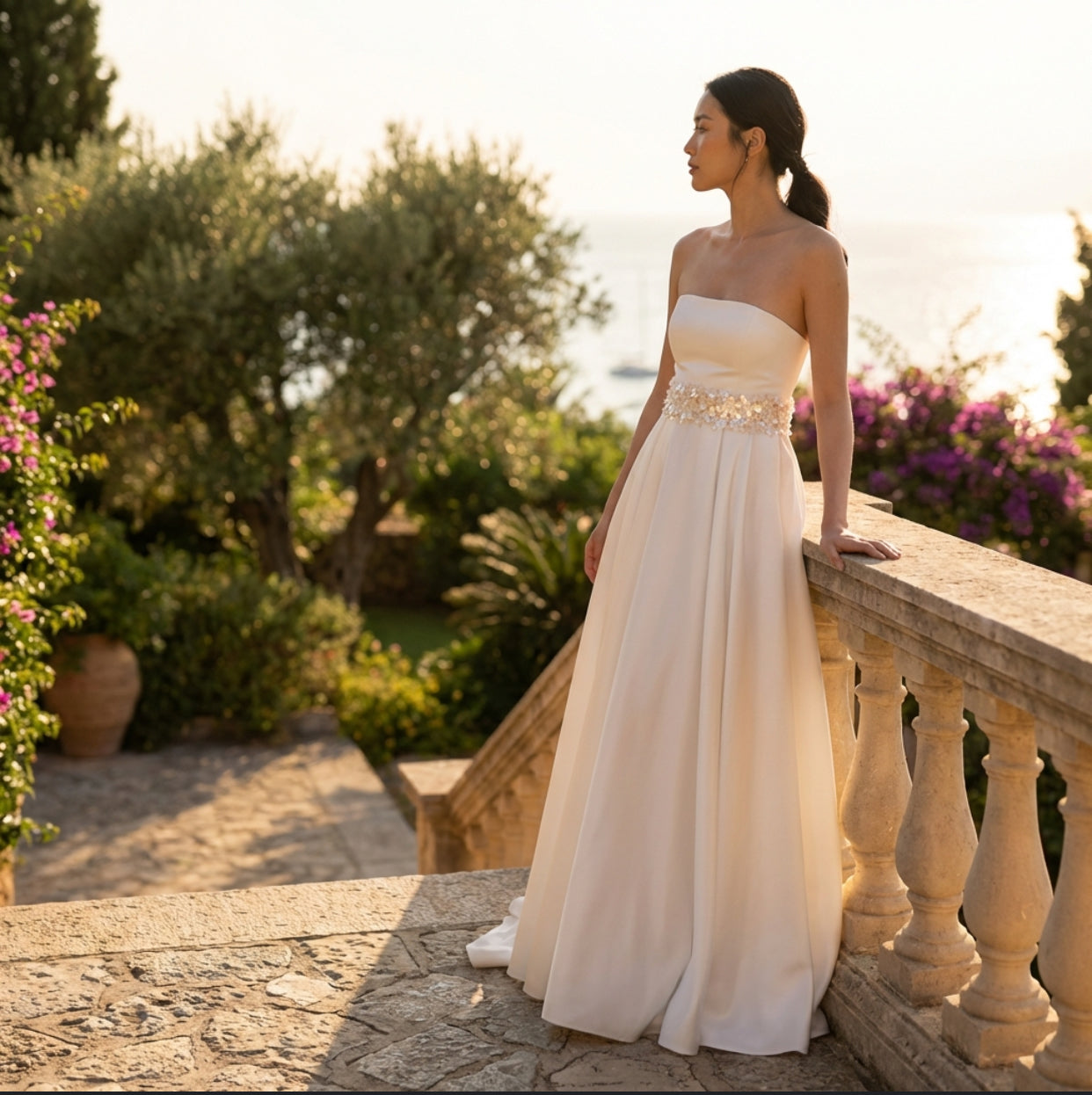 Lysandra Wedding Dress: Long-Length with Sequined Belt by Eve Couture, showcasing its elegant strapless design and luxurious taffeta duchesse satin fabric.
