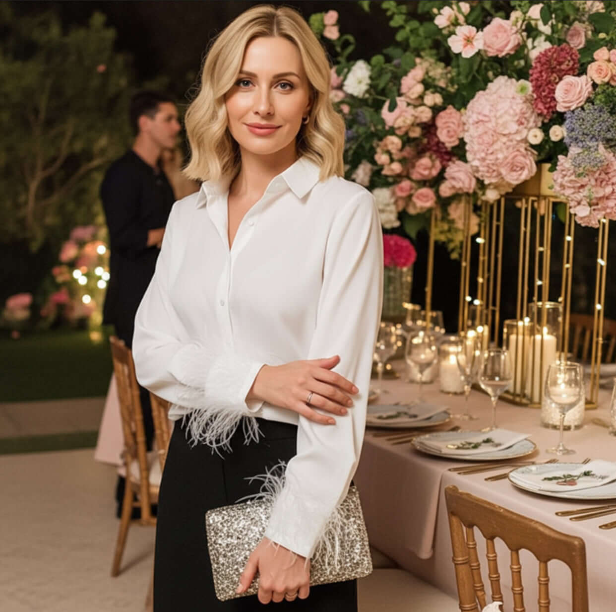 Featuring the Emery White Evening Shirt With Feathers by Eve Couture, this image captures a model radiating elegance at a beautifully arranged table setting. The luxurious silk bamboo shirt, adorned with feathers, is perfect for high-end occasions and glamorous parties. As part of the Bridal couture collection, this piece emphasizes bespoke style and refined fashion, making it a remarkable choice for a sophisticated evening ensemble.